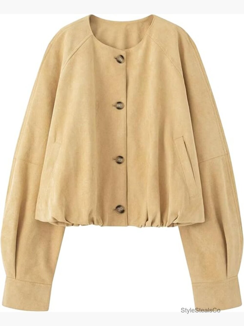 Faux Suede Button Bomber Jacket Oversized Gathered Hem Short Coat